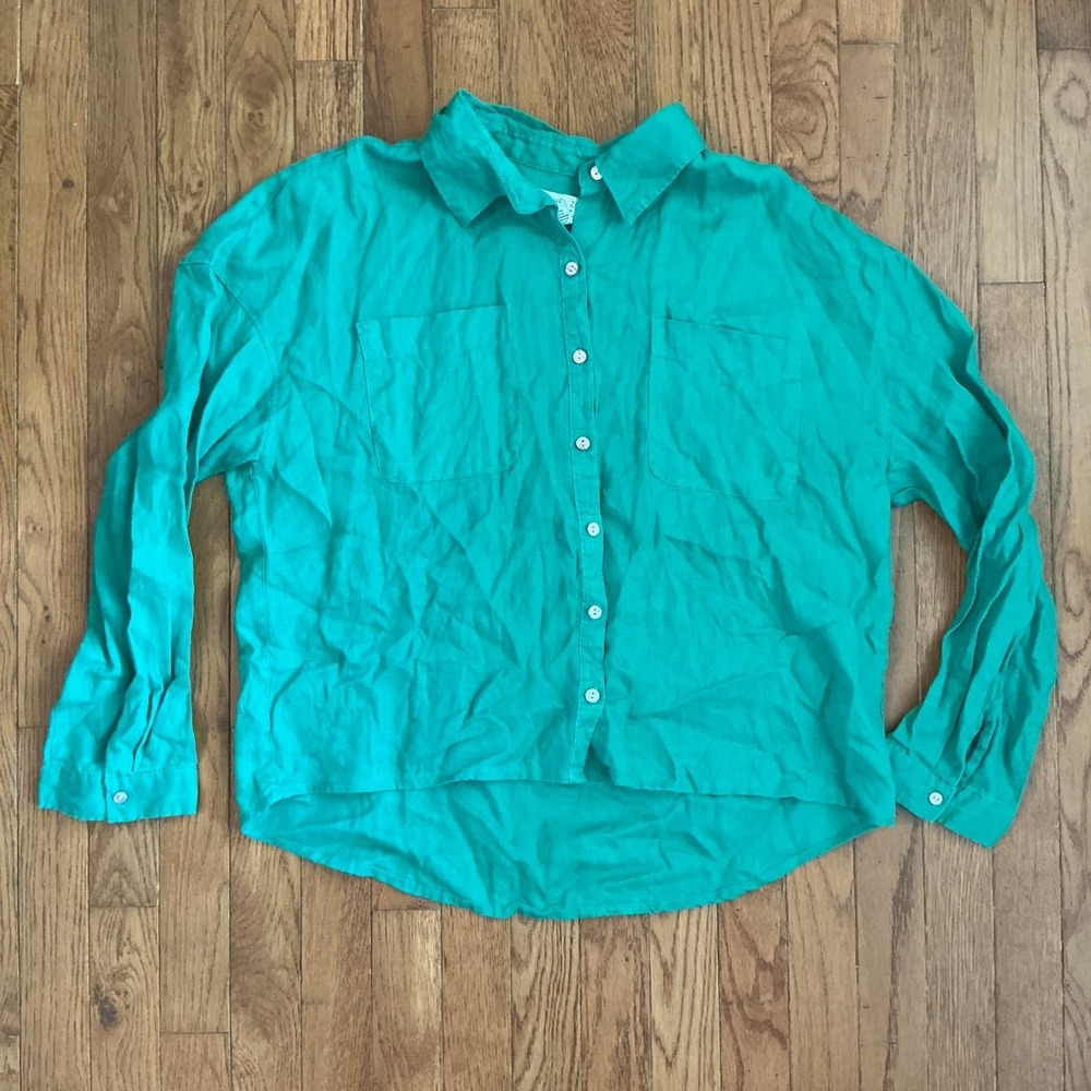 Rachel Zoe Top Large Green Linen Button Up Long Sleeve Boxy Beachy Vacation